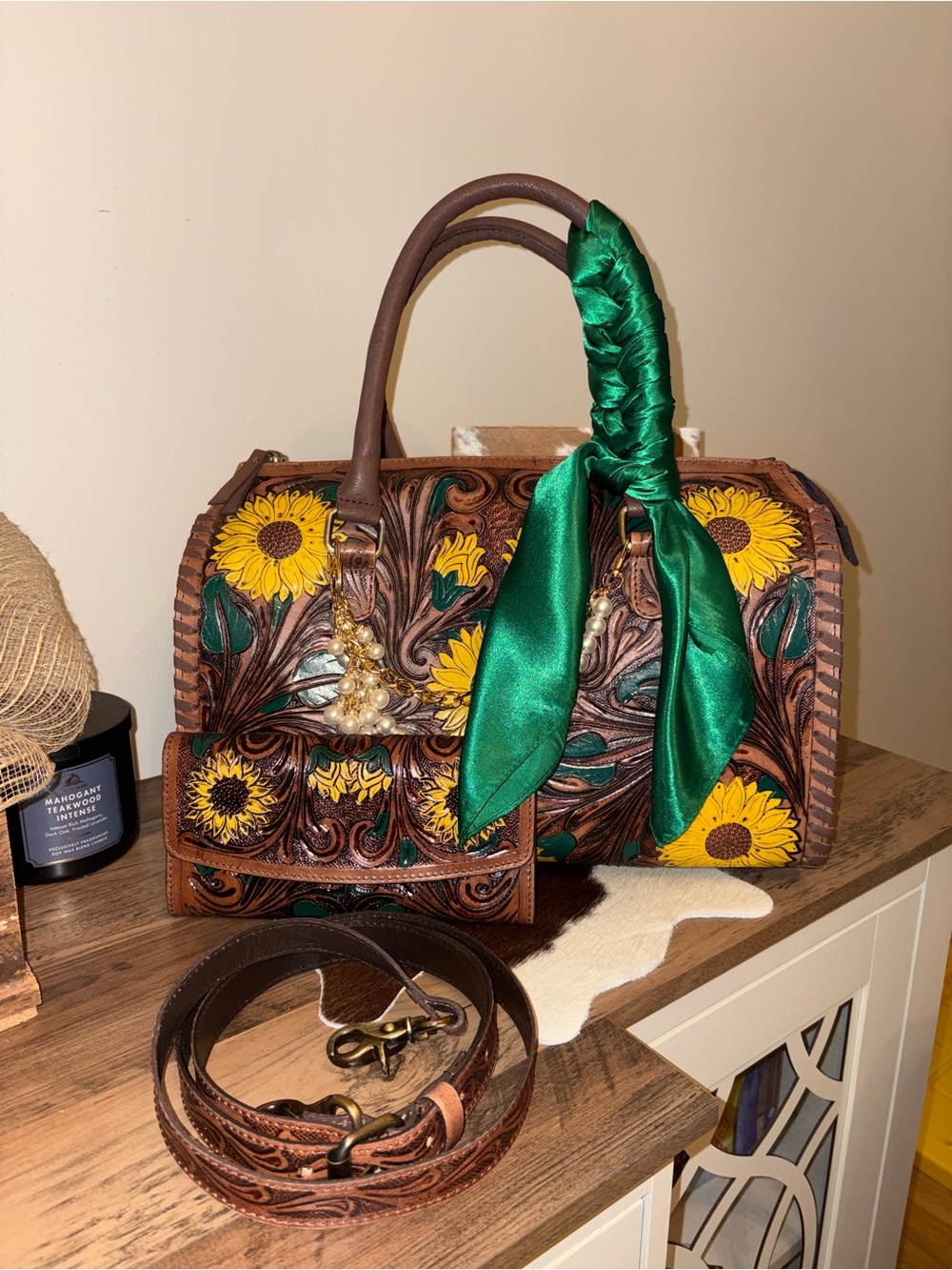 Brown Hand-Tooled Sunflower Leather Satchel with Green Scarf